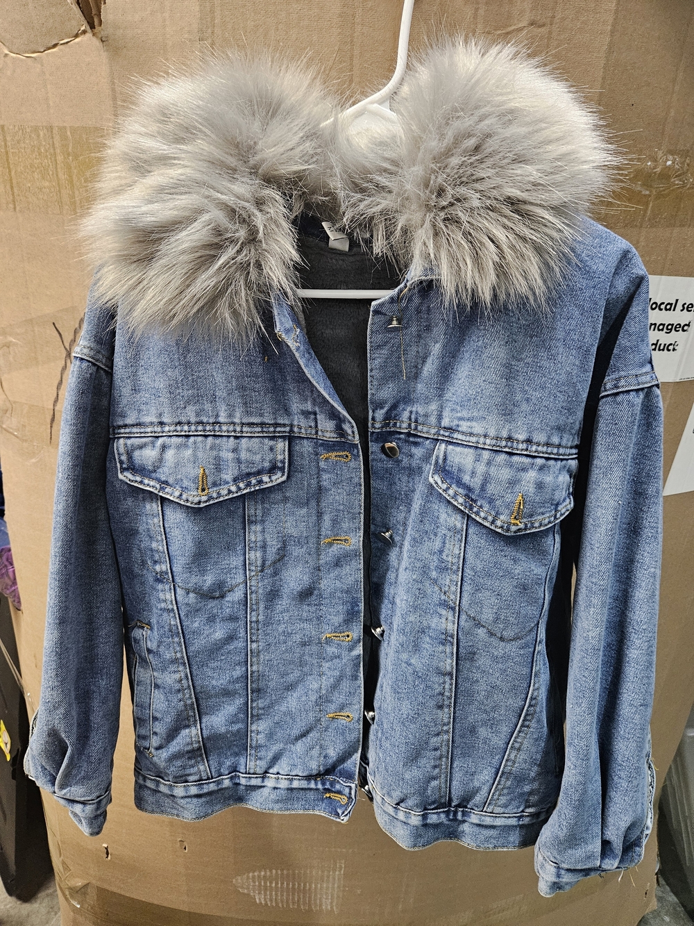 Denim Jean Jacket with Faux Fur Collar - Light Blue